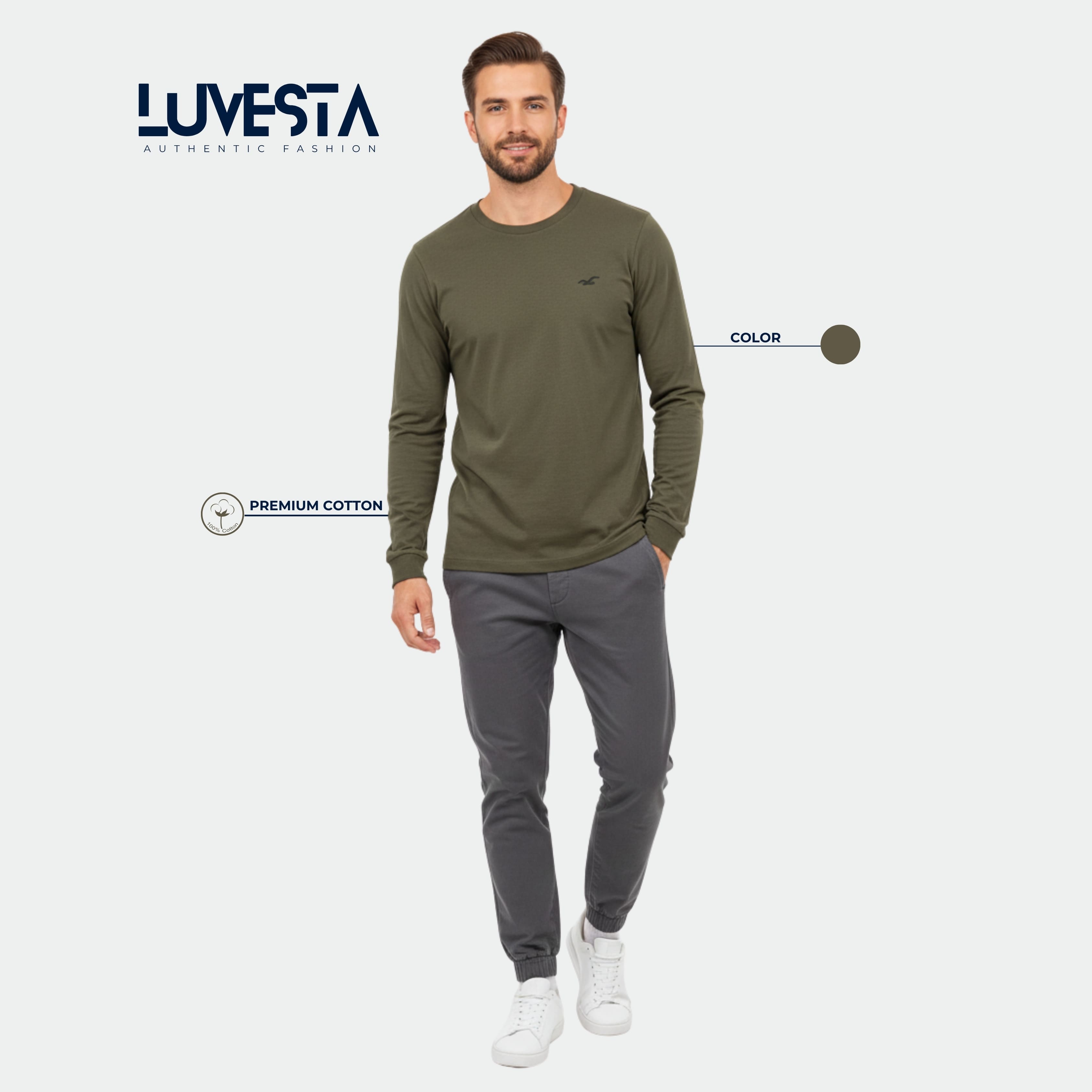 Hollister Essential Long-Sleeve T-Shirt - Army Green | USA Import