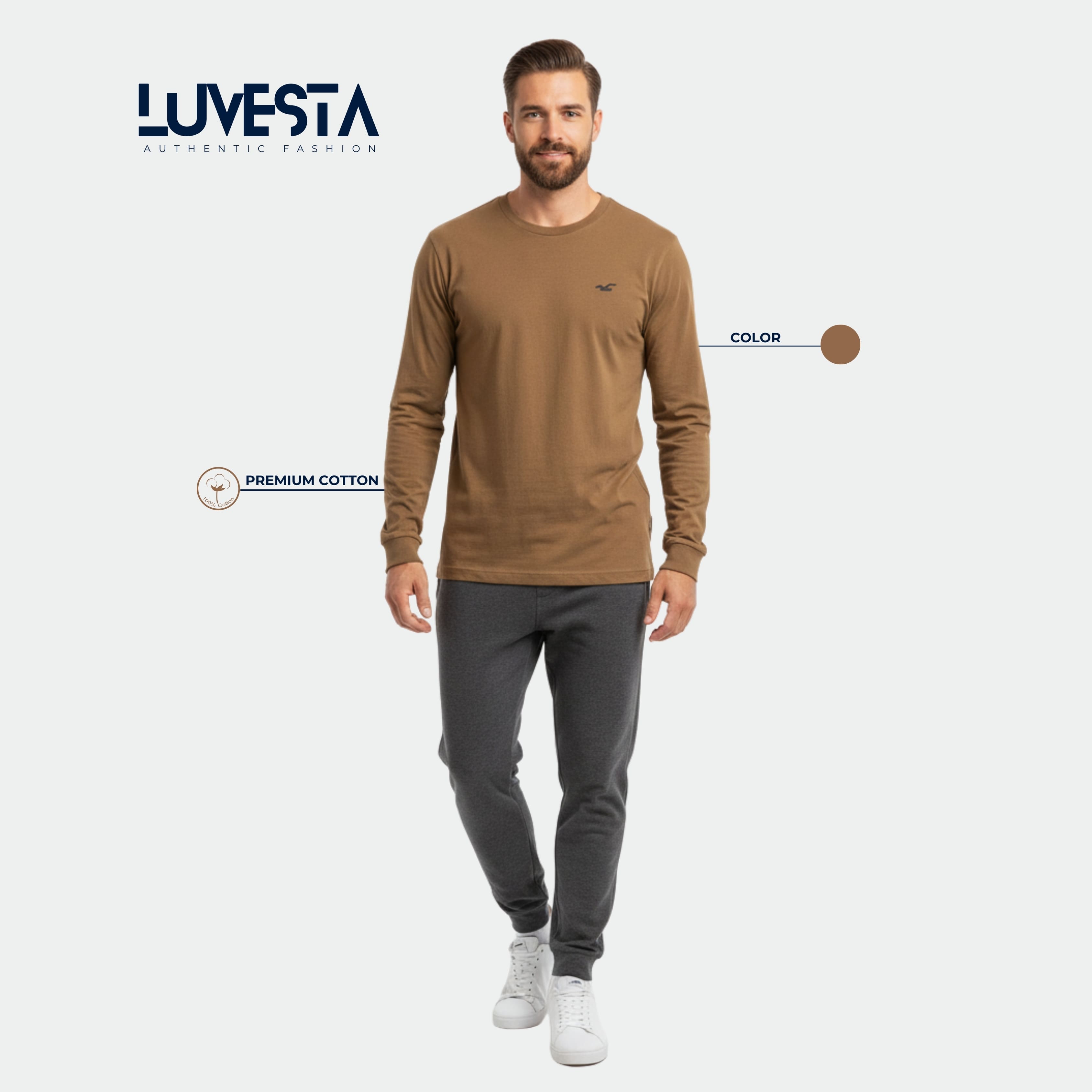 Hollister Essential Long-Sleeve T-Shirt - Camel Brown | USA Import