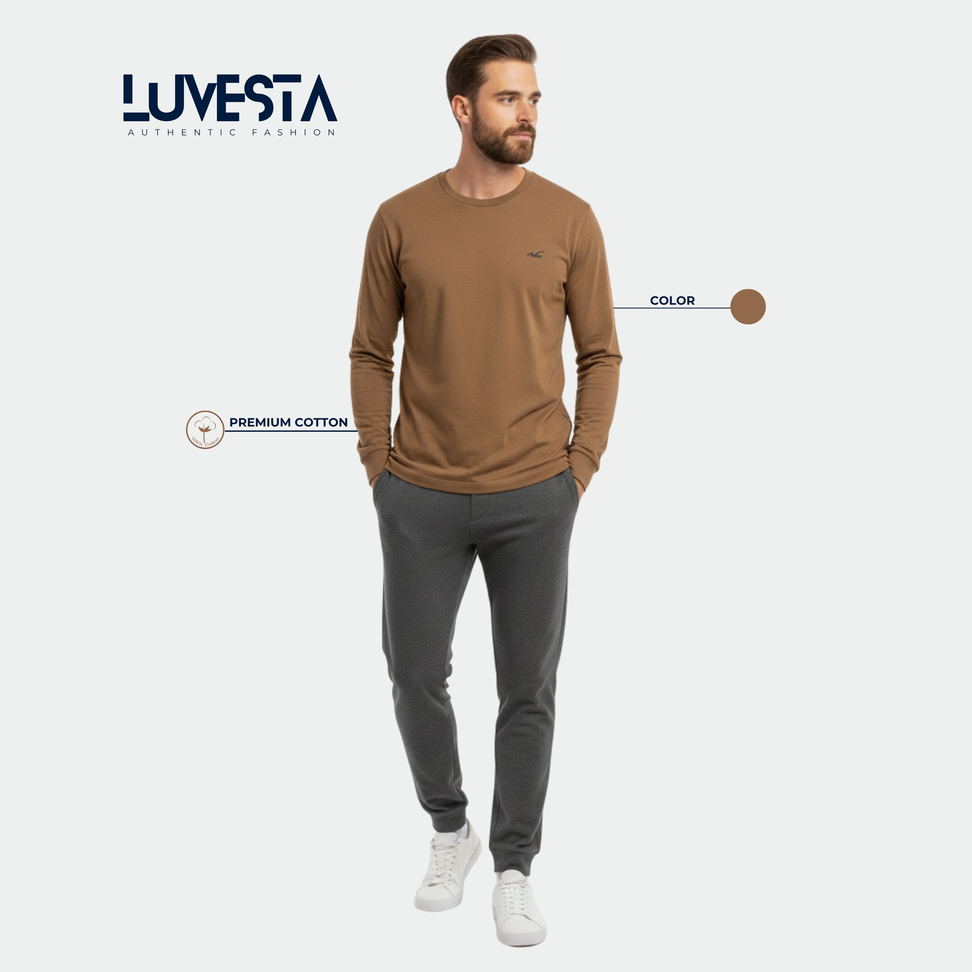 Hollister Essential Long-Sleeve T-Shirt - Camel Brown | USA Import