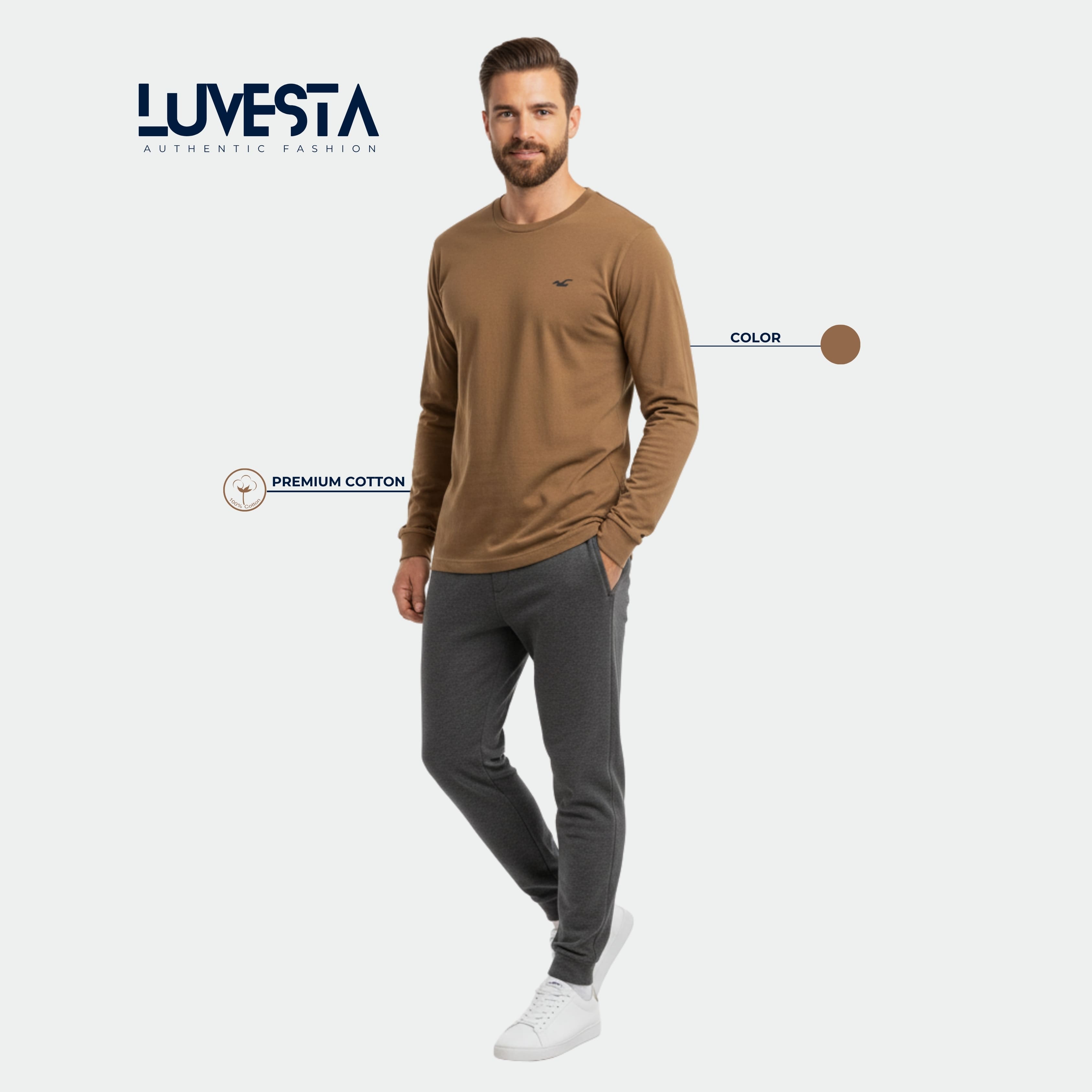 Hollister Essential Long-Sleeve T-Shirt - Camel Brown | USA Import
